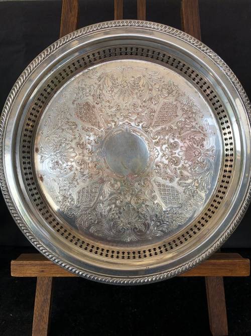 WOW !!! STUNNING ROUND SILVER PLATED PIERCED GALLERY TRAY MARKED EMESS
