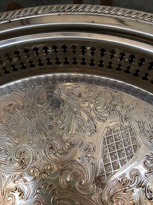 WOW !!! STUNNING ROUND SILVER PLATED PIERCED GALLERY TRAY MARKED EMESS