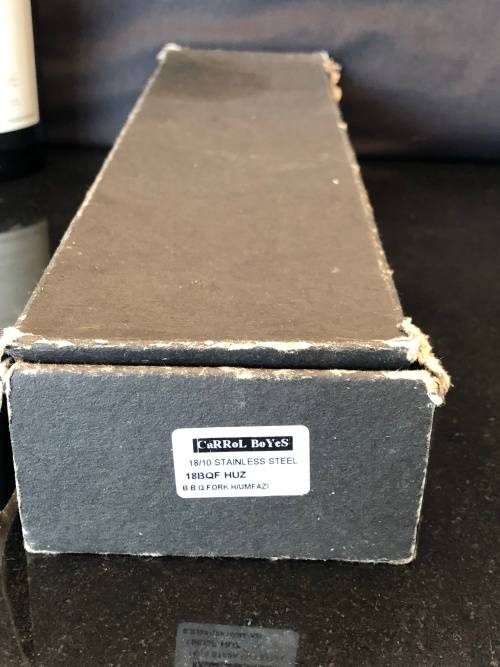 WOW !!! FANTASTIC CAROL BOYES BBQ FORK AND STRAINING SERVING SPOON IN THE BOX - CLEARLY MARKED