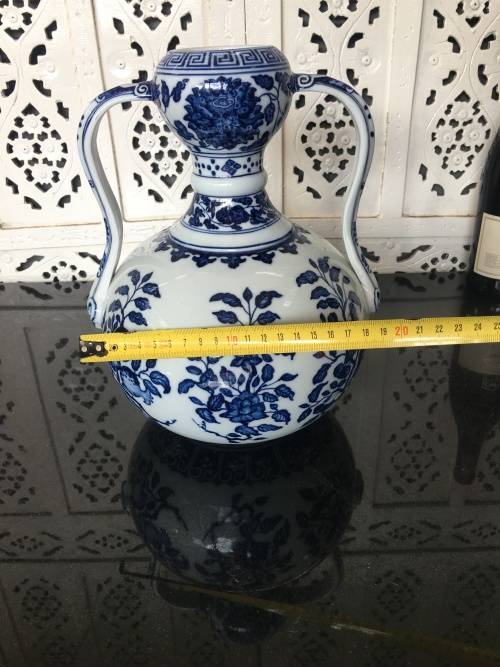 Large Qianlong Marked late 1900s Replica Chinese Famous Blue Double Gourd Vases with Double Handles