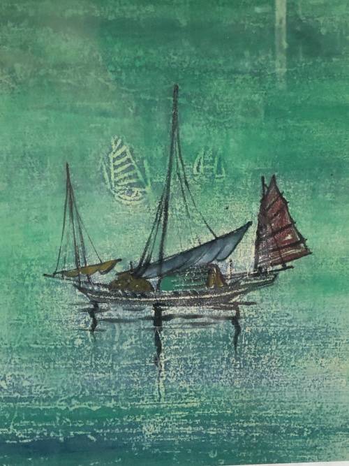 WOW !! BEAUTIFUL ORIENTAL WATERCOLOR PAINTING OF A JUNKSHIP - UNSIGNED