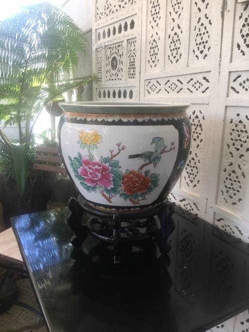 Stunning Chinese Zhongguo Zhi Zao c1970's - Large Koi Bowl on Stand,Birds & Flower & Koi