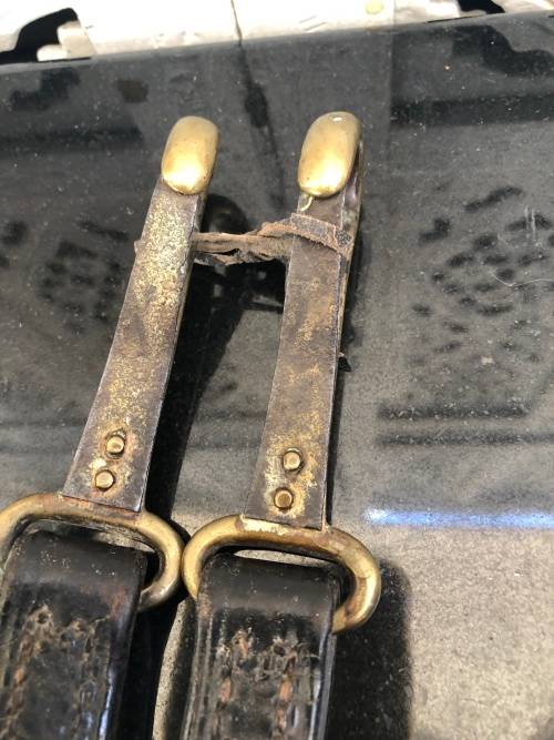 WOW !!! STUNNING PAIR OF ANTIQUE HORSE BRASSES , LEATHER WITH BRASS CLIPS