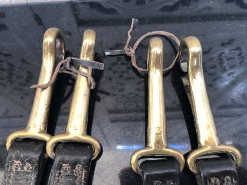 WOW !!! STUNNING PAIR OF ANTIQUE HORSE BRASSES , LEATHER WITH BRASS CLIPS