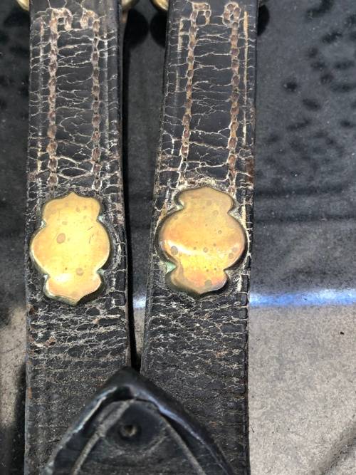 WOW !!! STUNNING PAIR OF ANTIQUE HORSE BRASSES , LEATHER WITH BRASS CLIPS