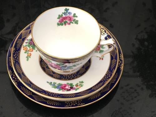 Ultra Rare Antique c1906 Crown Staffordshire England Fine China Tea Trio. Gold,Blue & Floral. Std sz