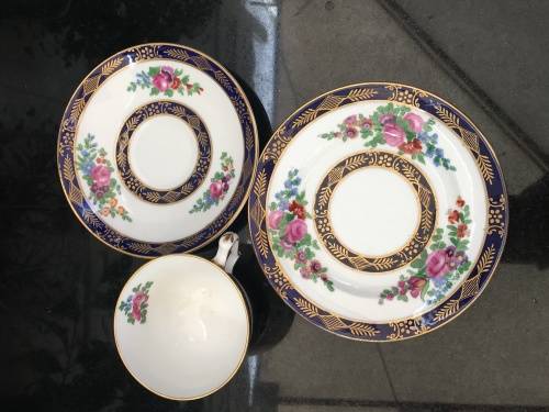 Ultra Rare Antique c1906 Crown Staffordshire England Fine China Tea Trio. Gold,Blue & Floral. Std sz