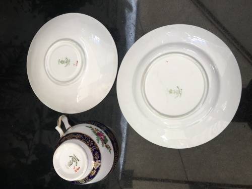 Ultra Rare Antique c1906 Crown Staffordshire England Fine China Tea Trio. Gold,Blue & Floral. Std sz