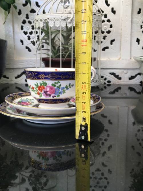 Ultra Rare Antique c1906 Crown Staffordshire England Fine China Tea Trio. Gold,Blue & Floral. Std sz