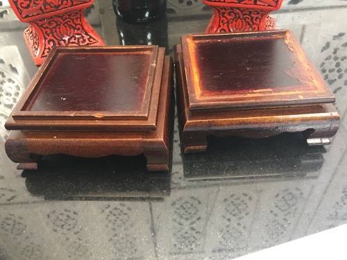 Magnificent Set Antique Chinese Cinnabar Square Vases on Rosewood Stand! Flower Design of Longevity.