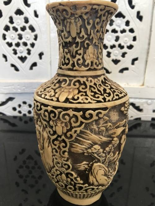 Antique Chinese Carved Cinnabar Vase With lots of character. Age related wear