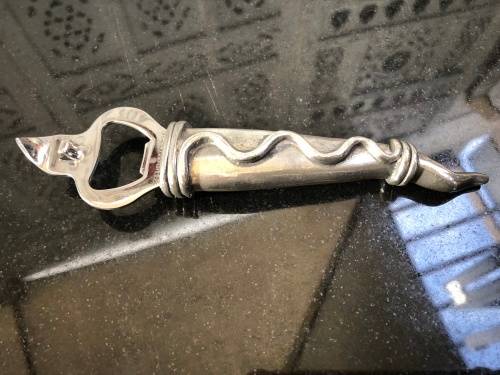 WOW !!! VINTAGE CARROL BOYES PEWTER BOTTLE / CAN OPENER - TORCH PATTERN