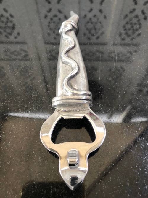 WOW !!! VINTAGE CARROL BOYES PEWTER BOTTLE / CAN OPENER - TORCH PATTERN