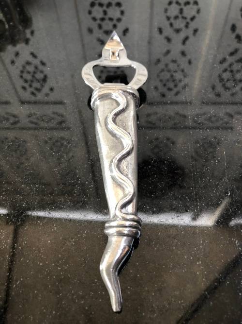 WOW !!! VINTAGE CARROL BOYES PEWTER BOTTLE / CAN OPENER - TORCH PATTERN