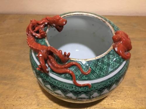Magnificent Detailed Hong Kong c1950s Chinese Porcelain Applied Dragon & Bat- Large Brush Pot.