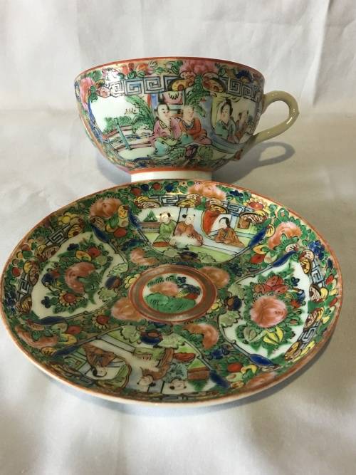 Antique Late Qing- Early Repulic Chinese Famille Rose Canton Porcelain Cup & Saucer