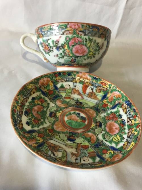 Antique Late Qing- Early Repulic Chinese Famille Rose Canton Porcelain Cup & Saucer