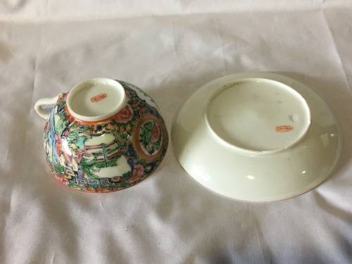 Antique Late Qing- Early Repulic Chinese Famille Rose Canton Porcelain Cup & Saucer
