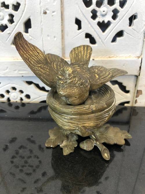 WOW !!! STUNNING FIRE GILDED BRONZE BIRD ON THE NEST LIDDED TRINKET BOX - c1800's