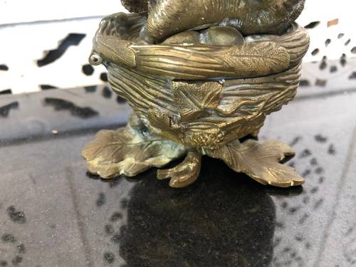 WOW !!! STUNNING FIRE GILDED BRONZE BIRD ON THE NEST LIDDED TRINKET BOX - c1800's
