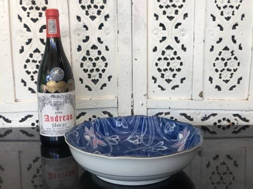 Beautiful Old Japanese Toho Minoyaki Blue Ground Hand Painted under high Gloss Scalloped Salad Bowl