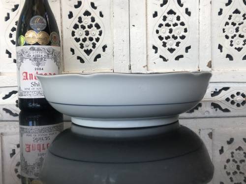 Beautiful Old Japanese Toho Minoyaki Blue Ground Hand Painted under high Gloss Scalloped Salad Bowl