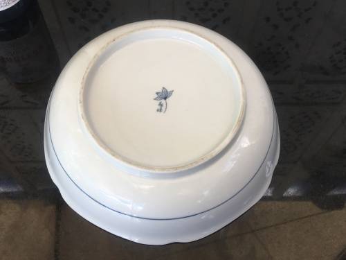 Beautiful Old Japanese Toho Minoyaki Blue Ground Hand Painted under high Gloss Scalloped Salad Bowl