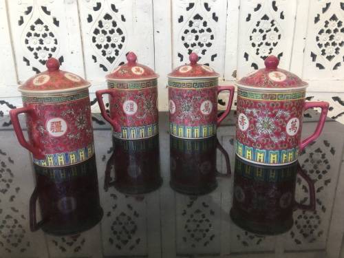 lot 1960's Zhongguo Jingdezhen Porcelain 4 x Large Cups with Lid  Red Base Enamel Hand Painted .....
