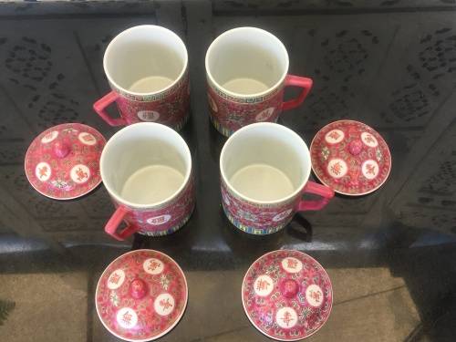lot 1960's Zhongguo Jingdezhen Porcelain 4 x Large Cups with Lid  Red Base Enamel Hand Painted .....