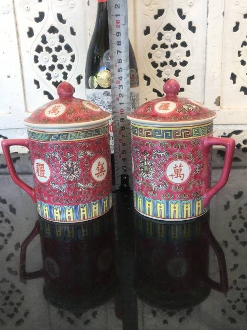 lot 1960's Zhongguo Jingdezhen Porcelain 4 x Large Cups with Lid  Red Base Enamel Hand Painted .....