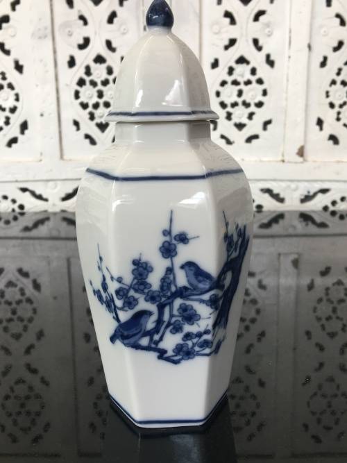 Small Japanese Porcelain Hand Painted Blue Under Glaze bird and Cherry Blosom Lidded Vase