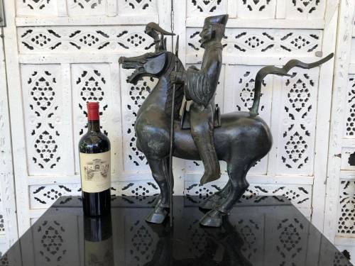 WOW !!! HUGE BRONZE SCULPTURE OF A CHINESE ARMED WARRIOR ON A TANG HORSE - VERY IMPRESSIVE PIECE