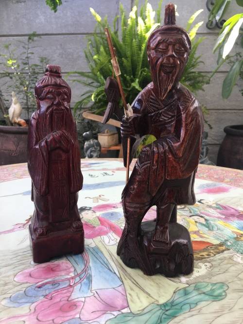 Vintage Chinese Carved Wooden Fishermen Figurines