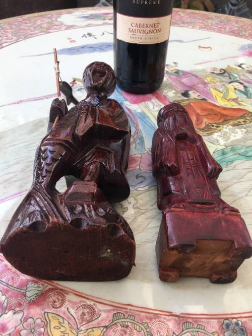 Vintage Chinese Carved Wooden Fishermen Figurines