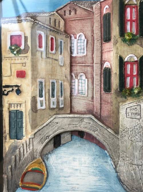 WOW !!! AMAZING DETAILED FRAMED 3D HAND PAINTED CERAMIC TILE OF VENETIAN CANAL