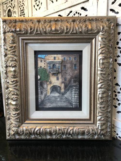 WOW !!! AMAZING DETAILED FRAMED 3D HAND PAINTED CERAMIC TILE OF VENETIAN STREET