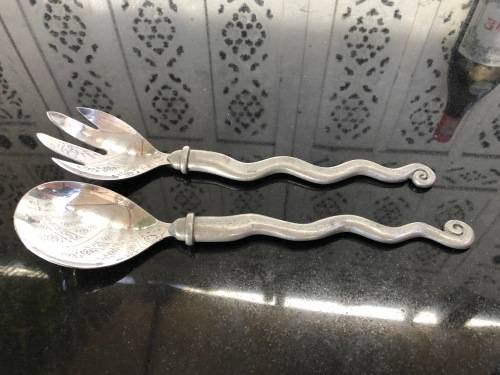 WOW !!! VINTAGE CARROL BOYES PEWTER SALAD SERVERS - WAVE PATTERN