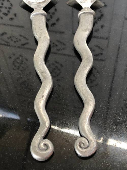 WOW !!! VINTAGE CARROL BOYES PEWTER SALAD SERVERS - WAVE PATTERN