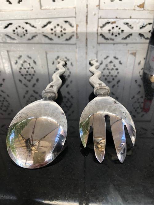 WOW !!! VINTAGE CARROL BOYES PEWTER SALAD SERVERS - WAVE PATTERN
