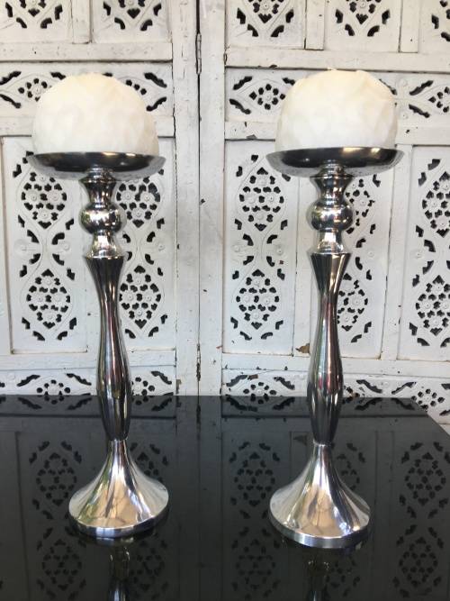WOW !!! STUNNING TALL SOLID BRUSHED ALUMINIUM CANDLE STICKS WITH CANDLES