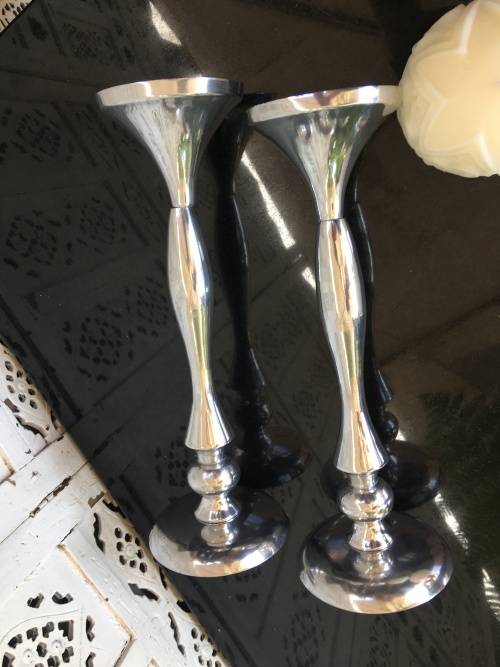 WOW !!! STUNNING TALL SOLID BRUSHED ALUMINIUM CANDLE STICKS WITH CANDLES