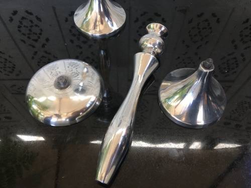 WOW !!! STUNNING TALL SOLID BRUSHED ALUMINIUM CANDLE STICKS WITH CANDLES