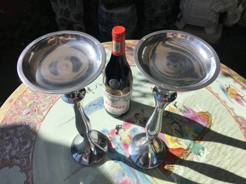 WOW !!! STUNNING TALL SOLID BRUSHED ALUMINIUM CANDLE STICKS WITH CANDLES