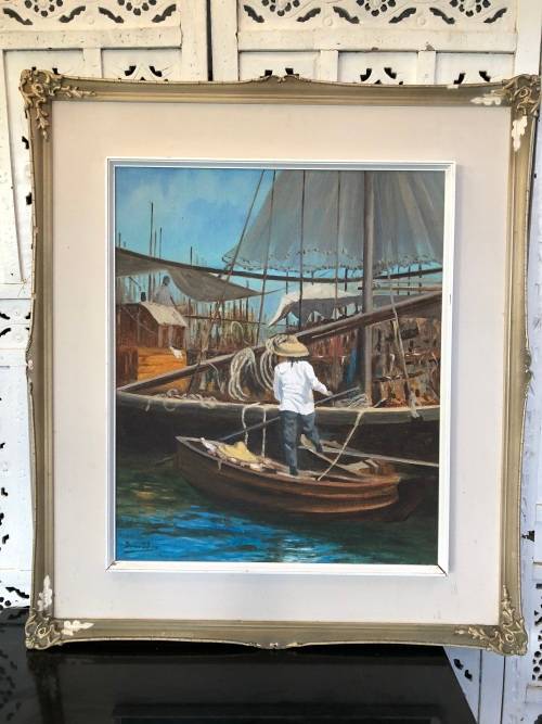INVESTMENT ART !!! BRIAN WILES (1923 - 1993 SA) OIL ON CANVAS FIXED TO BOARD - FISHERMAN