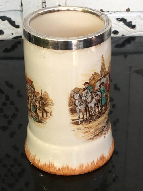 Victorian Scene "The Olden Days" Lancaster & Sandland  Beer Jug Yeoman EPNS  protect band