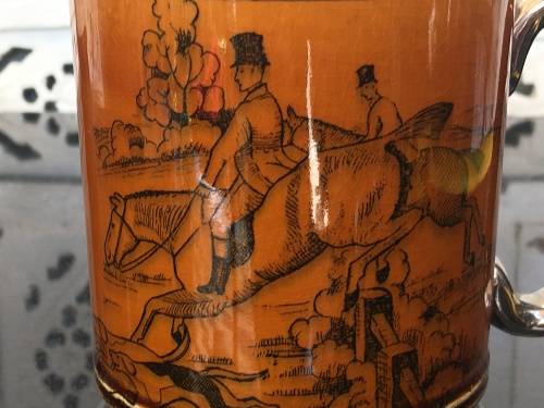 Arthur Wood Tankard "Ye Olde Coaching Days" England High Gloss Porcelain with Silver Gilt