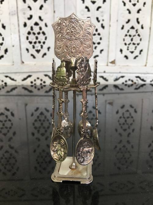 Vintage Hermanus Silver Plated Relief Small Tea Spoons on a Stand,