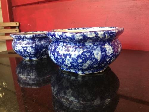 A Set Of Japanese UnderGlaze Blue Hand Painted Cherry Blossom Plant Pots