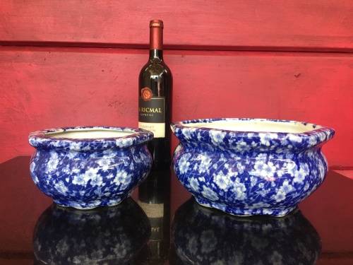 A Set Of Japanese UnderGlaze Blue Hand Painted Cherry Blossom Plant Pots