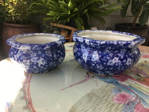 A Set Of Japanese UnderGlaze Blue Hand Painted Cherry Blossom Plant Pots